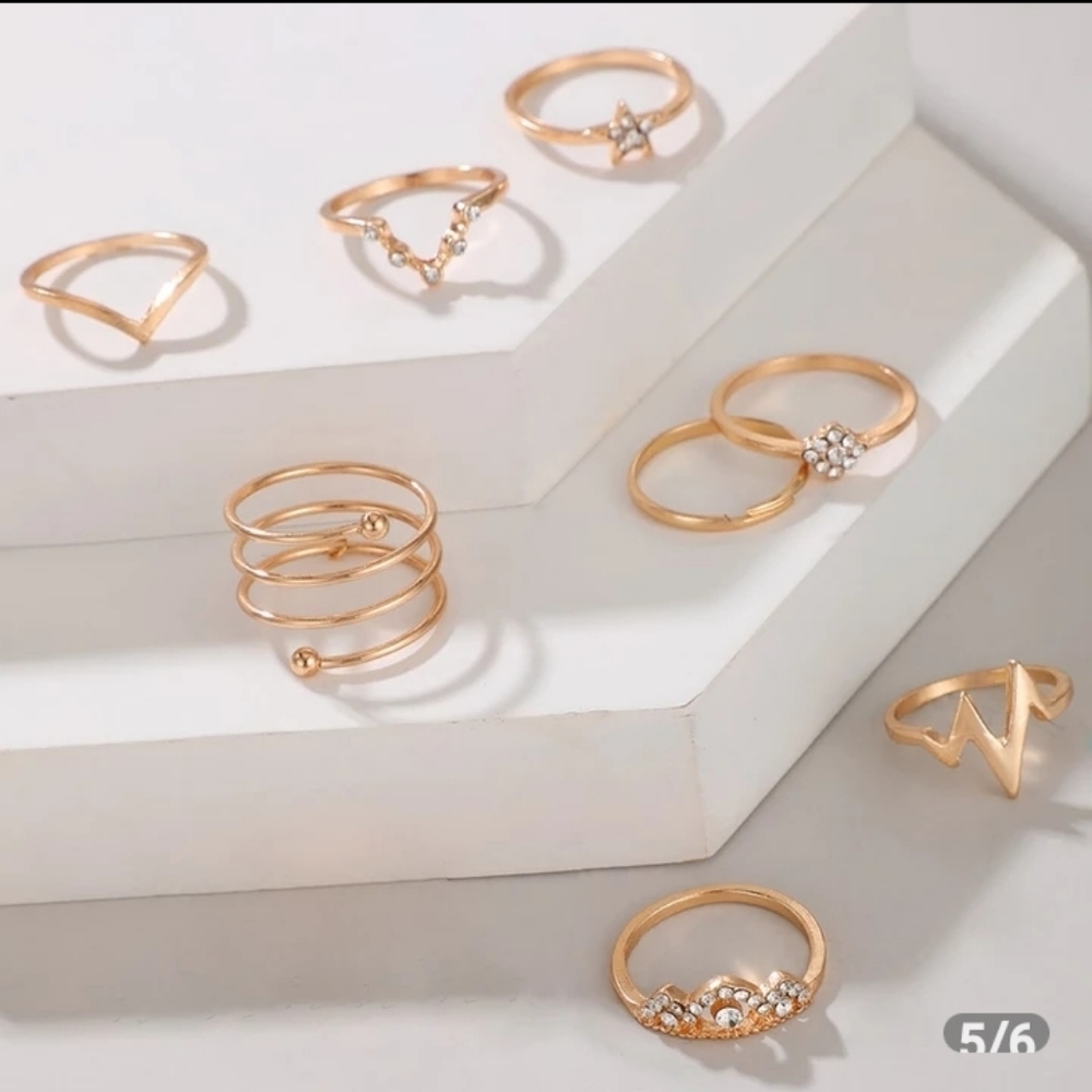 Gold Rhinestone Stacking‎ Midi Finger Multi Size 8pc Ring Set NEW - Picture 5 of 8